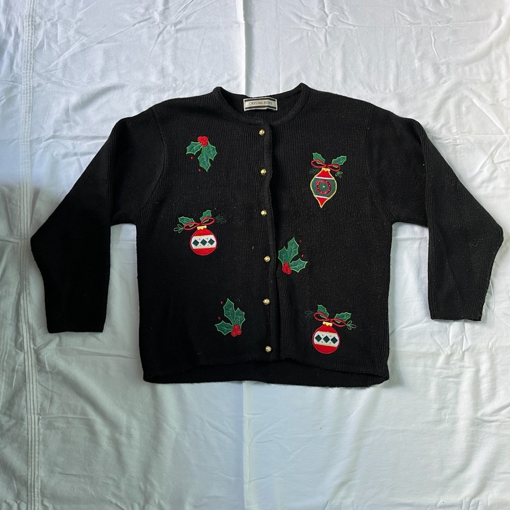 Festive Black Cardigan with Holiday Embroidery
